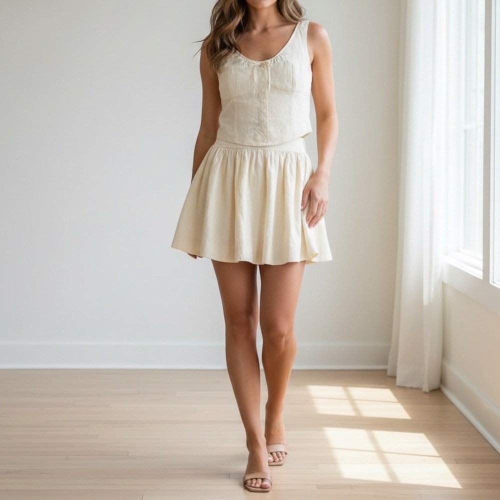 Reformation Evy Linen Corset Crop Top & Pleated Mini Skirt‎ Set Cream Size 12